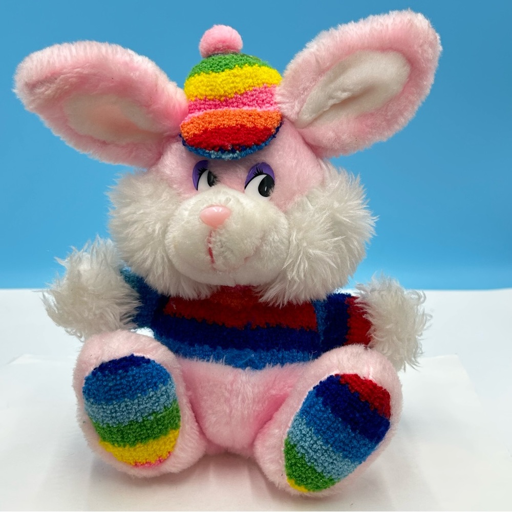 1984 Pink Easter bunny vintage plush rabbit Rainbow crochet sweater beanie hat